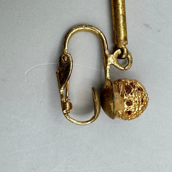 Vintage Gold Filigree Ball Aurora Borealis Crystal Drop Clip on Earrings - Picture 8 of 13